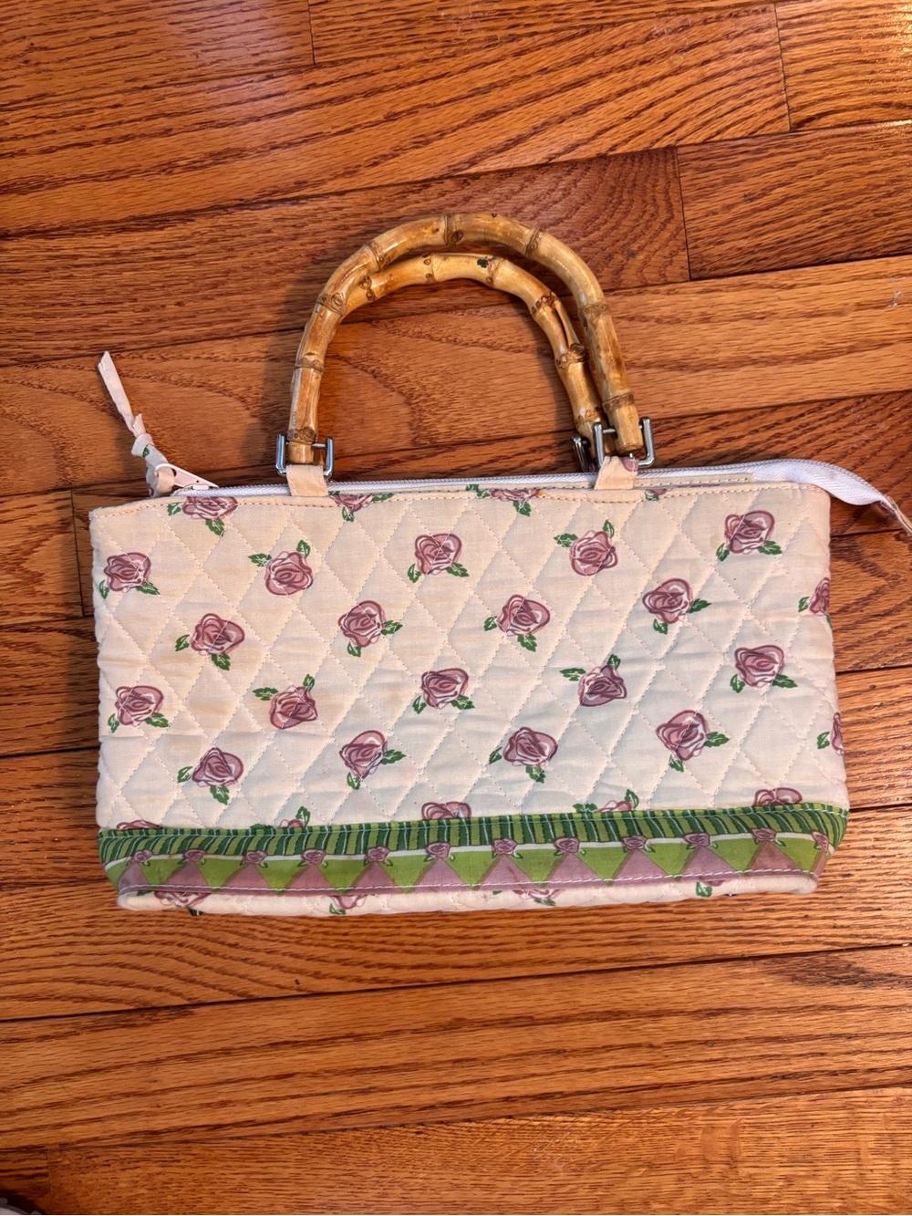 Quilted Cream Shoulder Bag with Pink Rose Print and Bamboo Handles